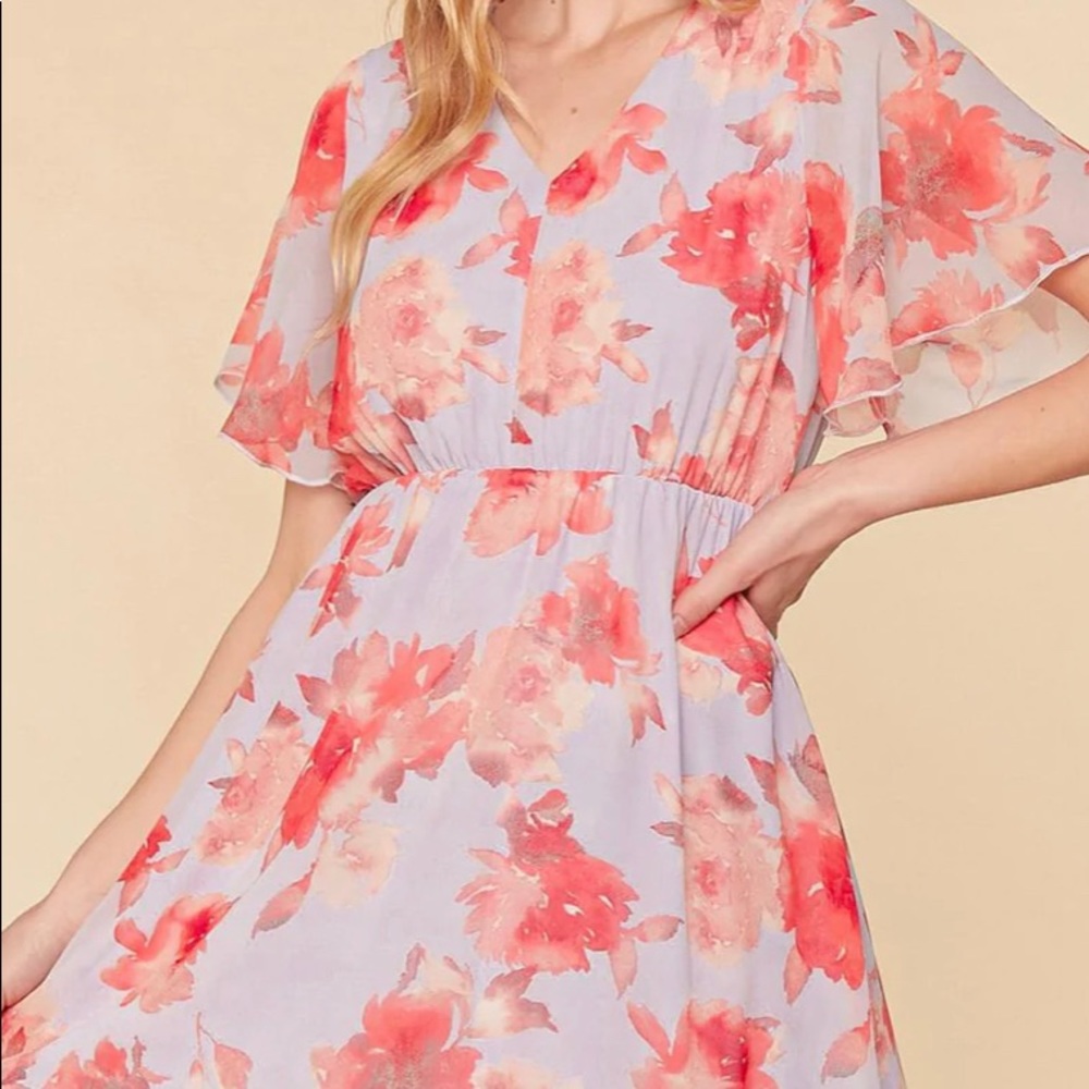 Lavender floral print chiffon flare woven and fully lined dress!